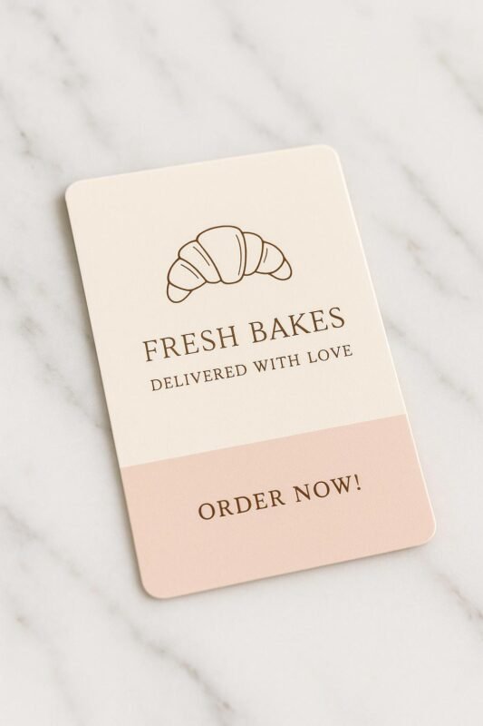 Artistic watercolor-style bakery business card with soft brush strokes