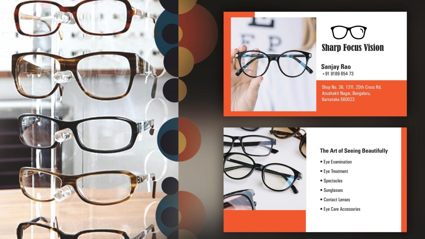 Creative business card design for optical shops with glasses illustration