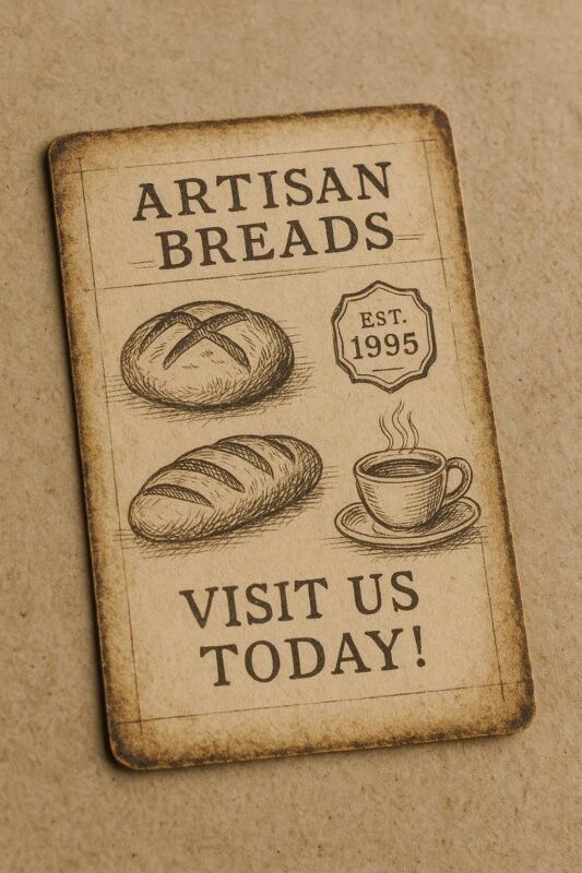 Retro-style vintage bakery business card with antique typography