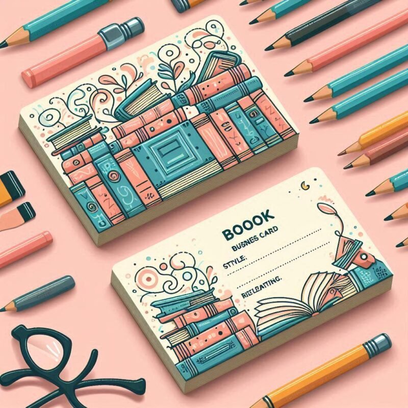 Blueprint layout of bookstore business cards with sketch-style elements