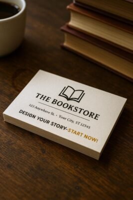 Antique-style bookstore card with ornate border and aged paper look
