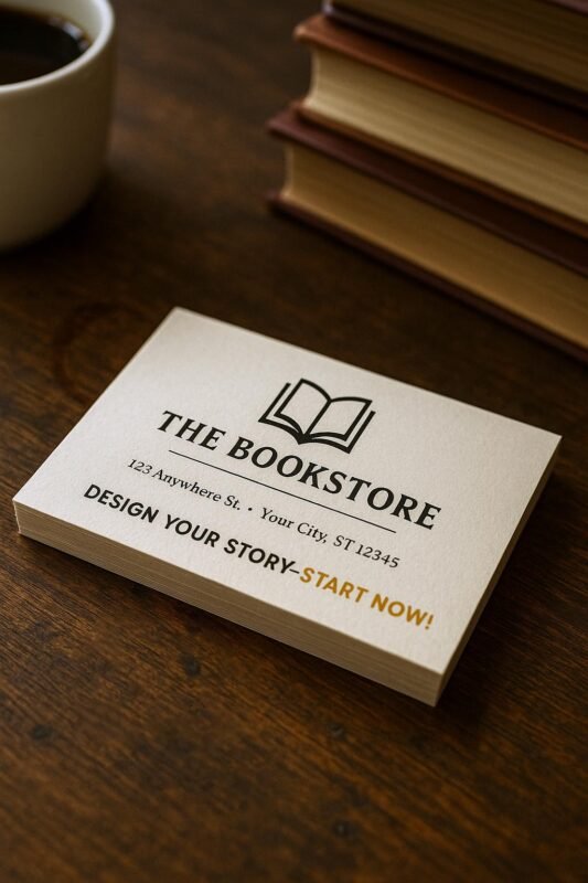 Antique-style bookstore card with ornate border and aged paper look