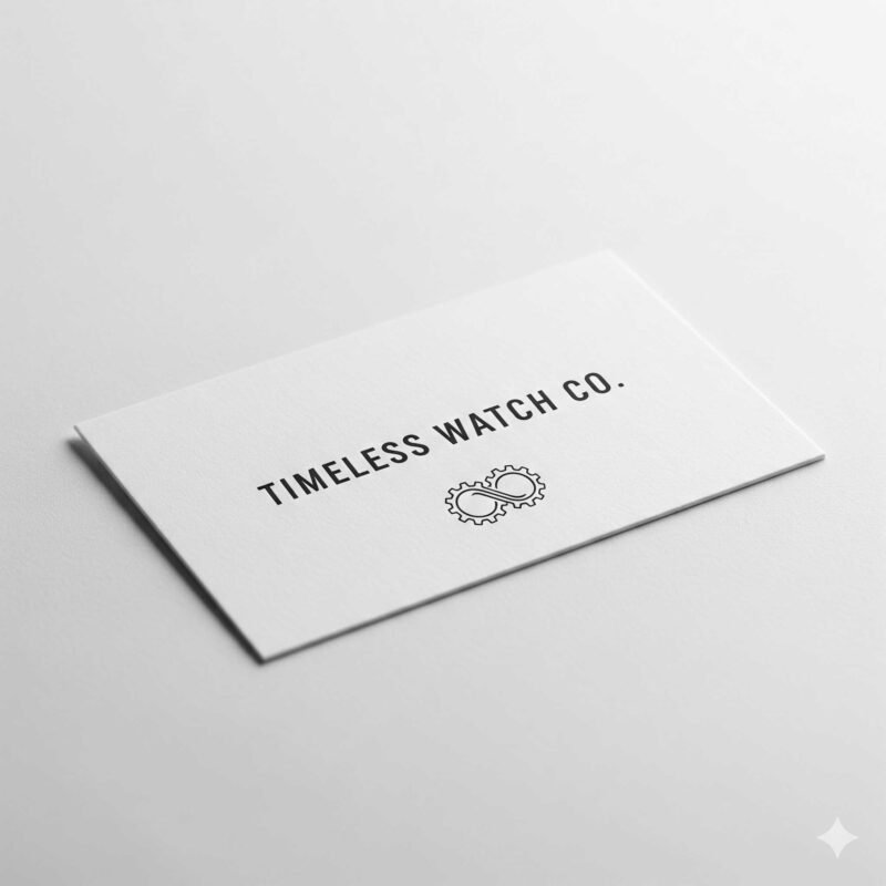 A clean, minimalist photograph of a simple business card for a watch shop, featuring a modern logo and text on a light background.