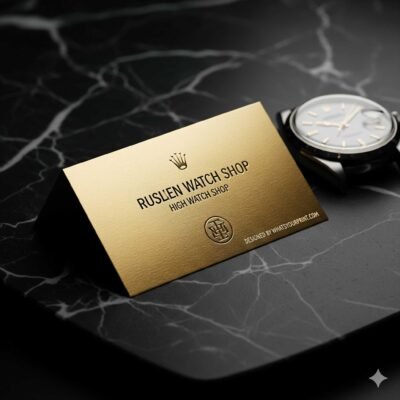 A hyper-realistic photo of a high-end watch shop business card with gold foil stamping next to a vintage Rolex watch on a dark marble surface.