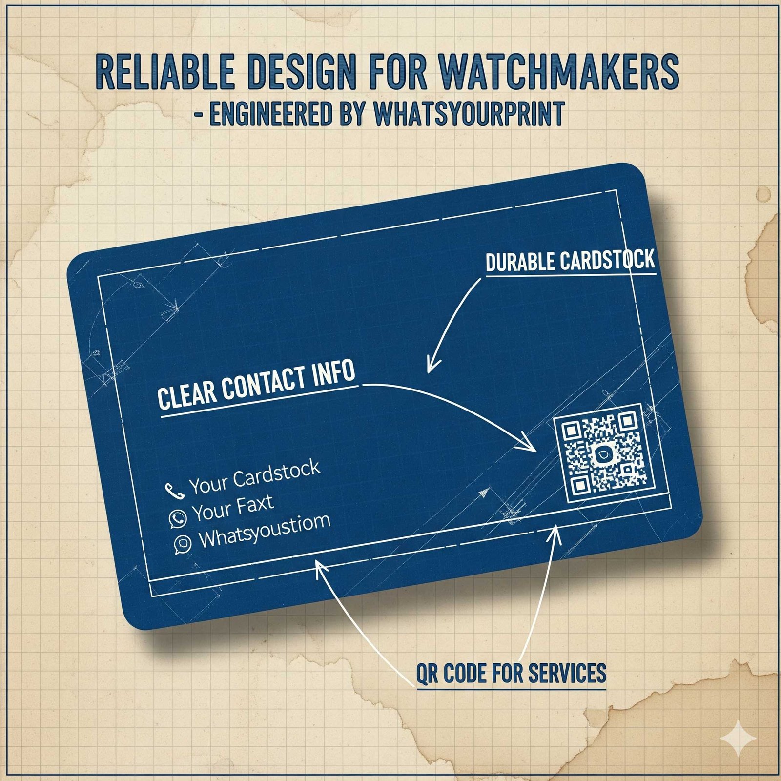 A vintage blueprint illustration of a watch repair business card, with callout lines pointing to features like "Durable Cardstock" and "QR Code for Services