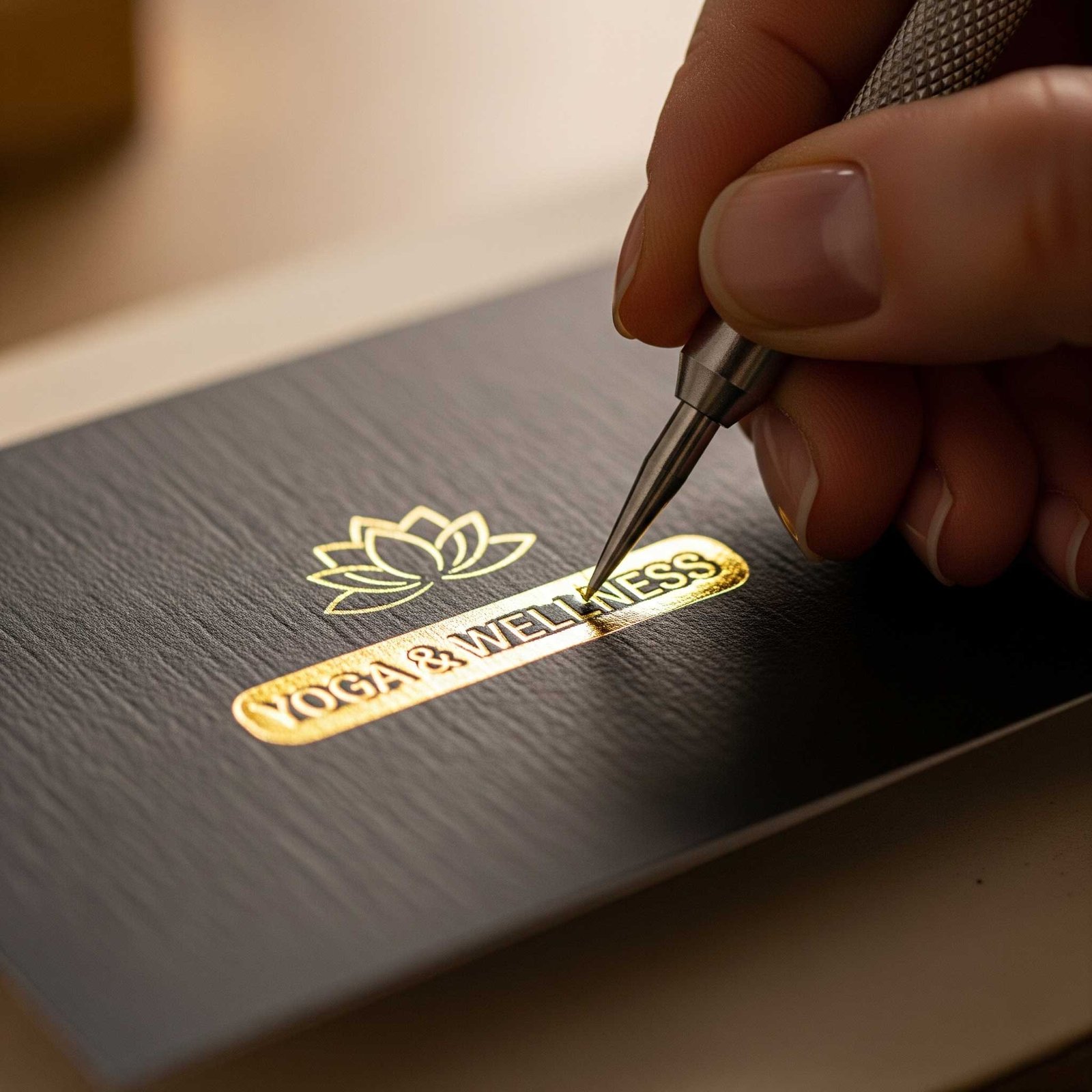 Close-up of gold foil being applied to a custom yoga instructor business card