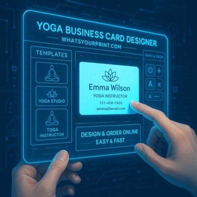 Futuristic holographic interface for designing yoga business cards online