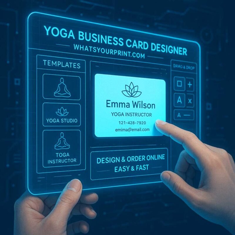 Futuristic holographic interface for designing yoga business cards online