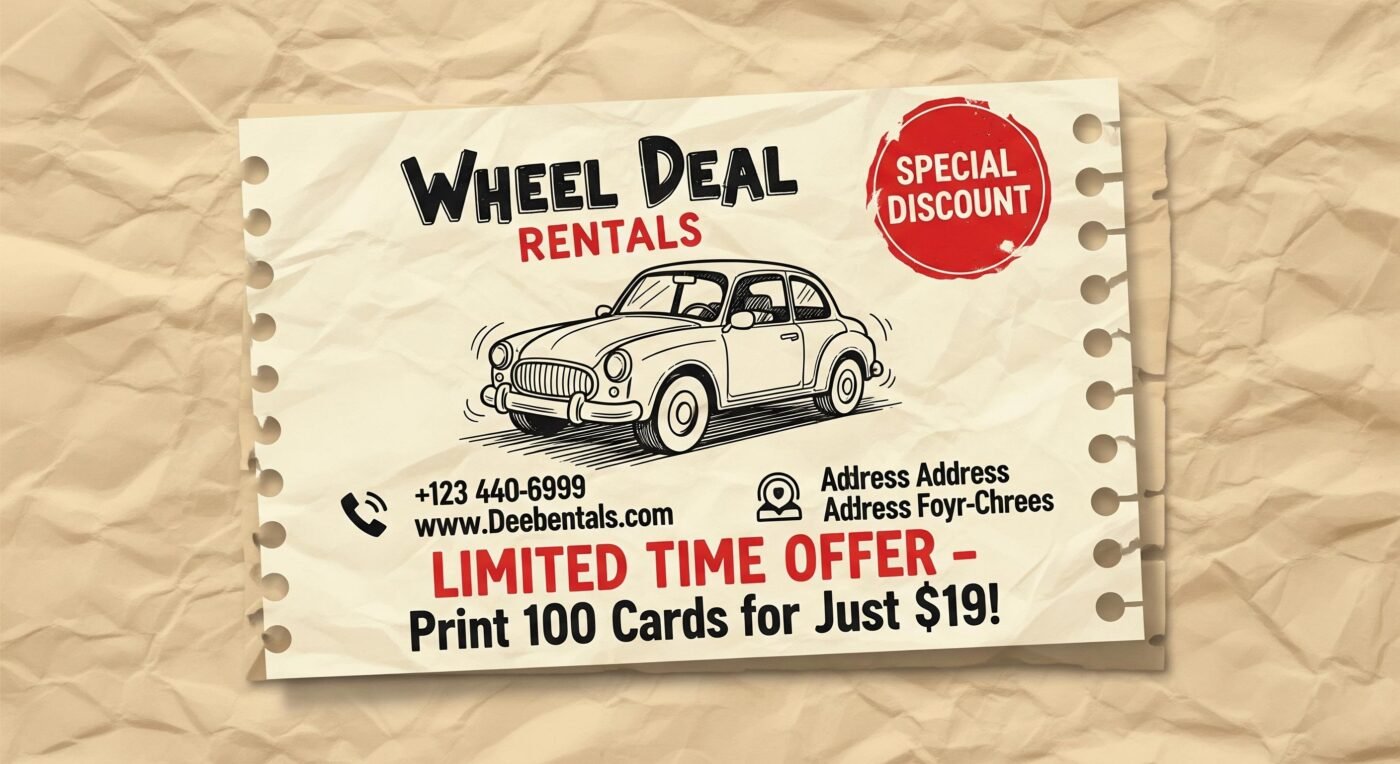 Affordable Car Rental Business Card – Hand-Drawn Bargain Deal