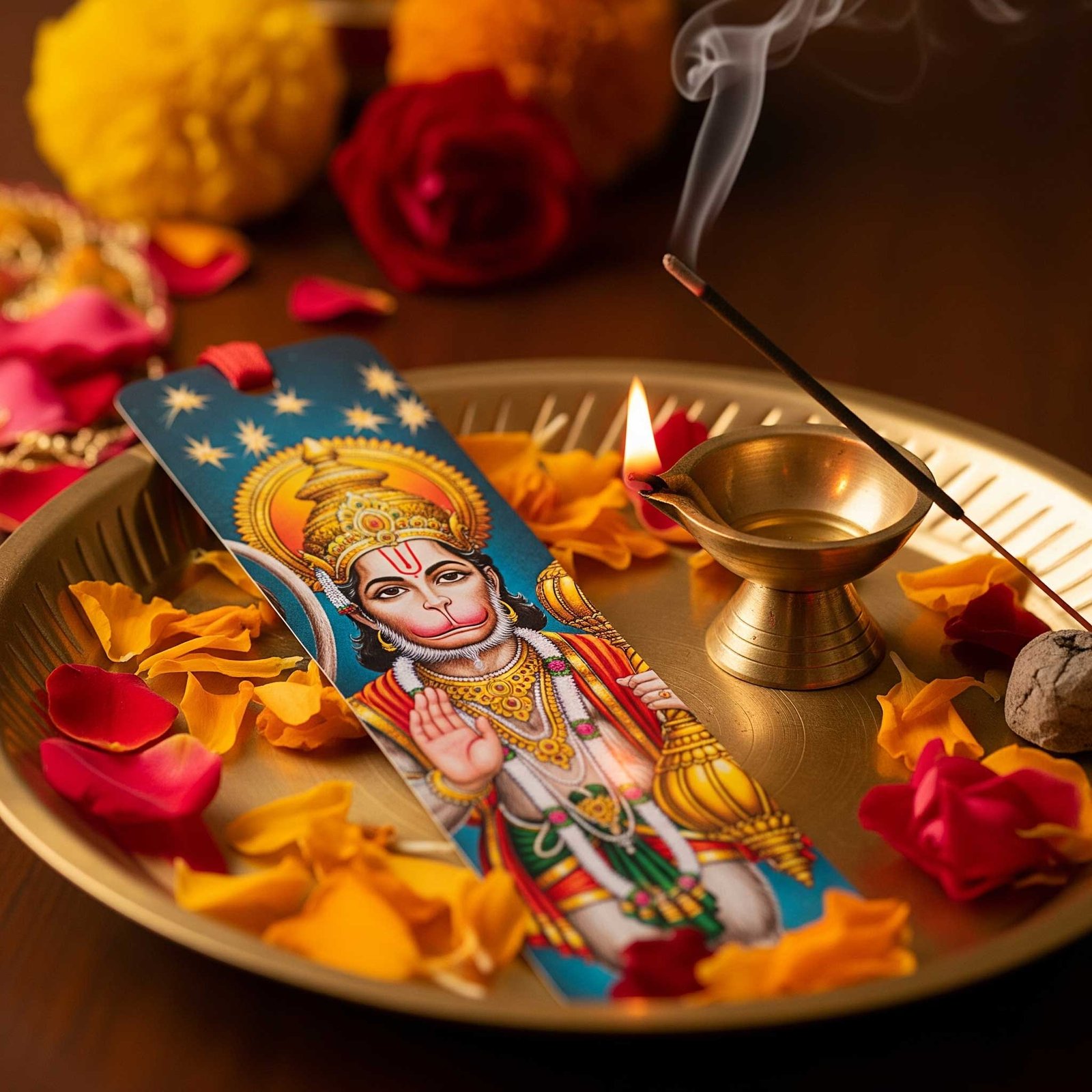 Hanuman Ji Puja Bookmark with Diya & Flowers