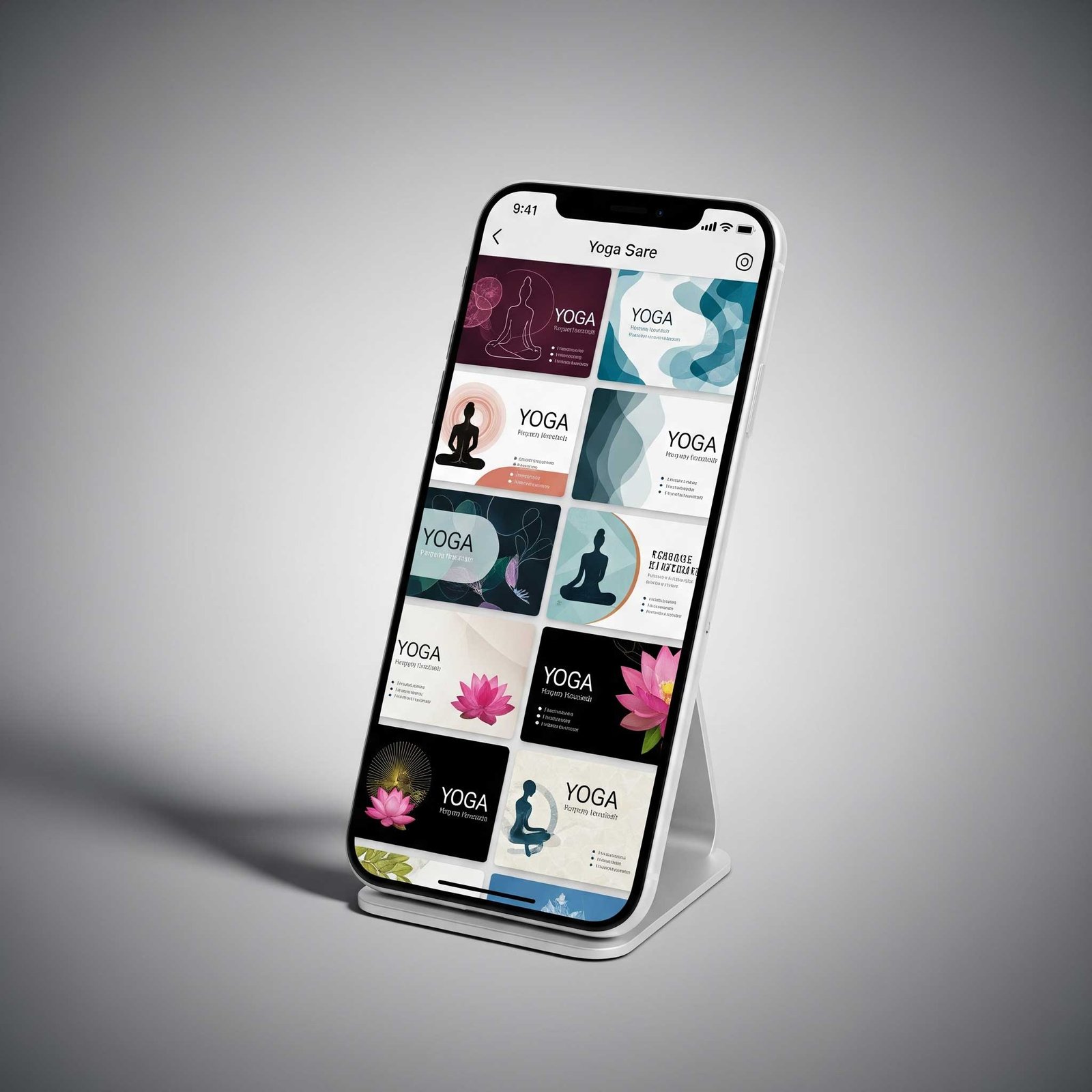 Gallery of yoga business card examples on a smartphone screen