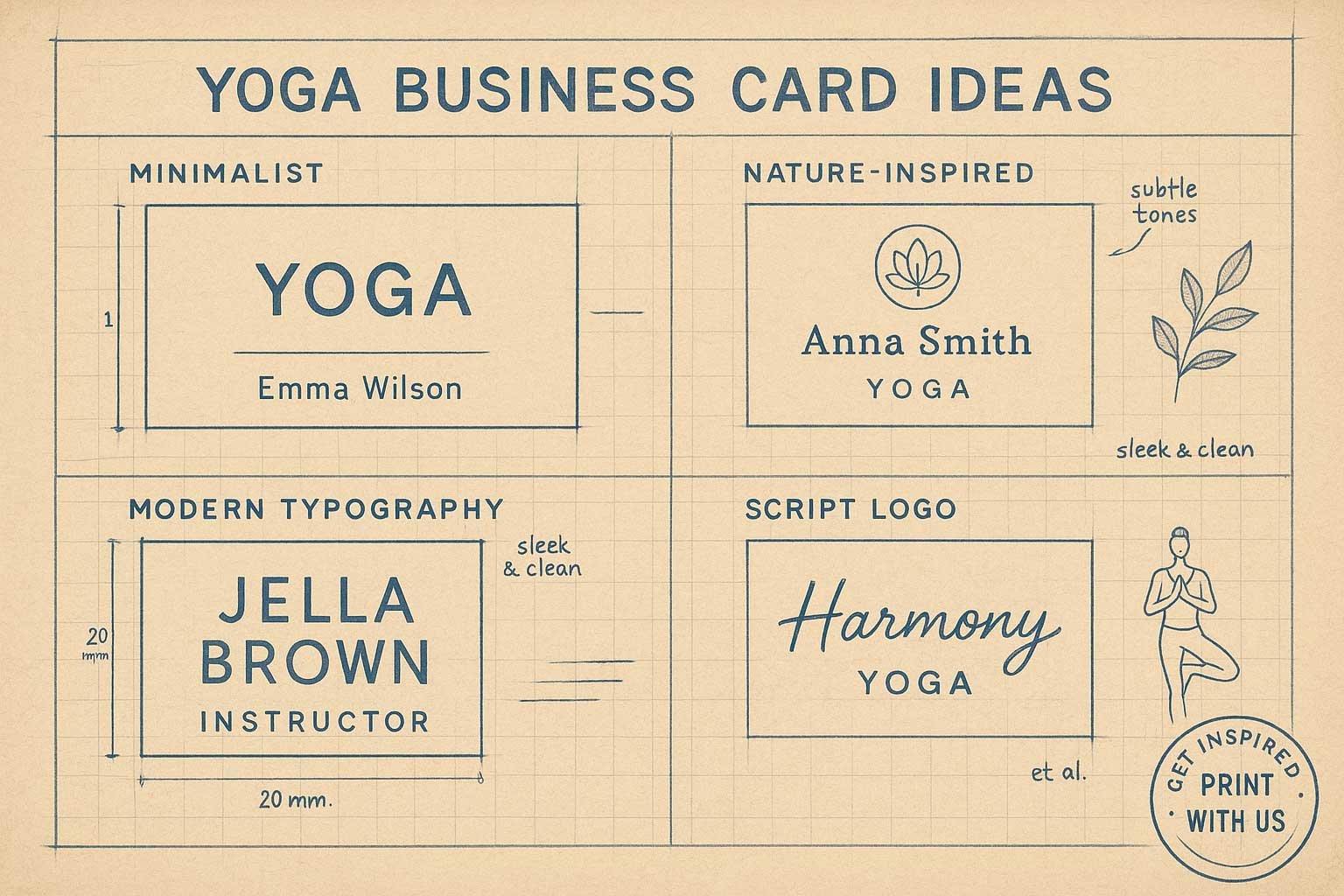 Blueprint and mood board with various yoga business card ideas and designs