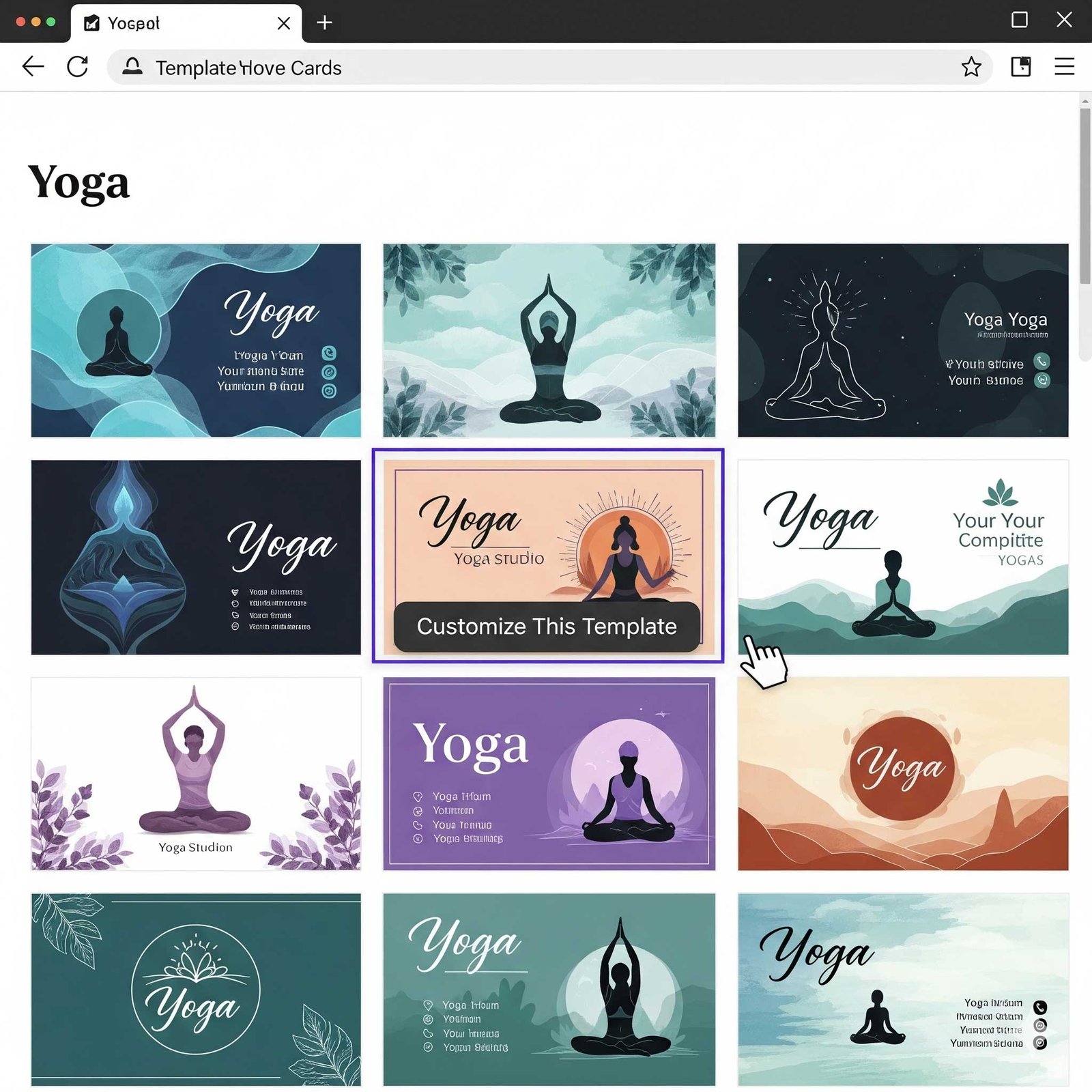 Browser window showing a gallery of customizable yoga business card templates