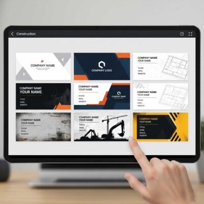 Gallery of professional construction business card templates on a digital screen.