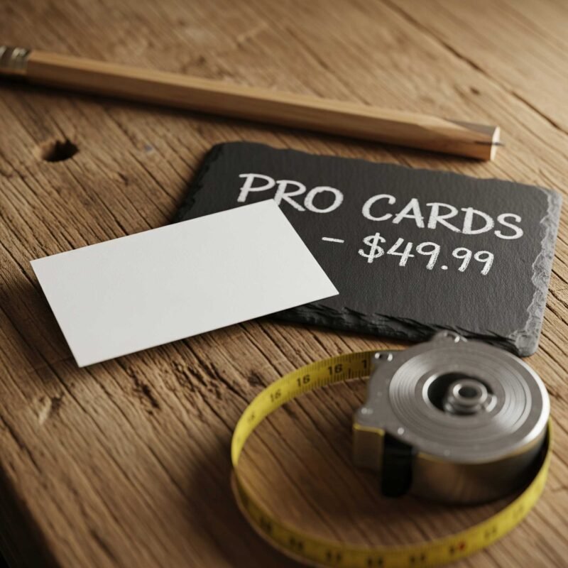 Affordable professional construction business card offer on a rustic workbench.