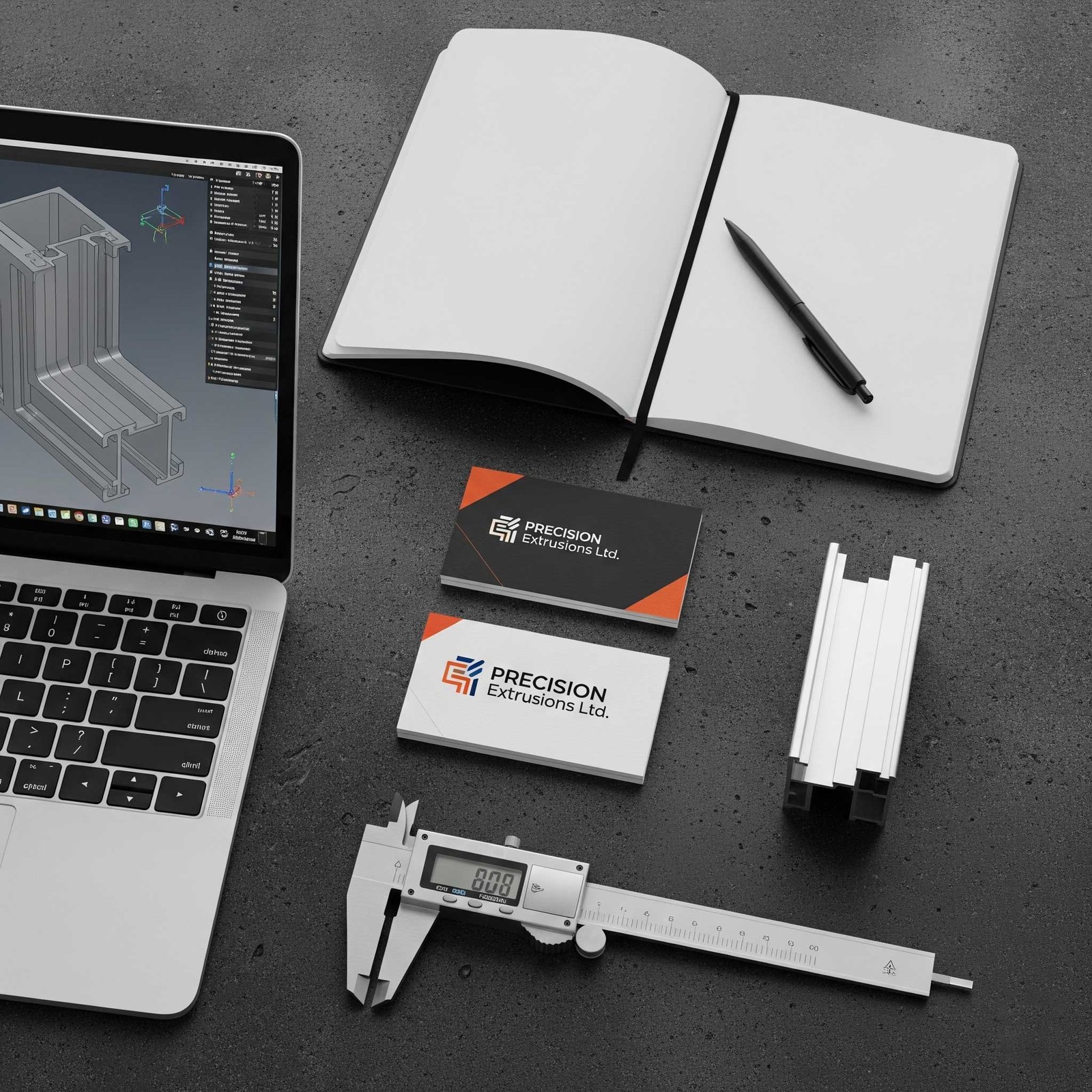 Flat lay of aluminium industry tools with a custom business card for B2B branding.