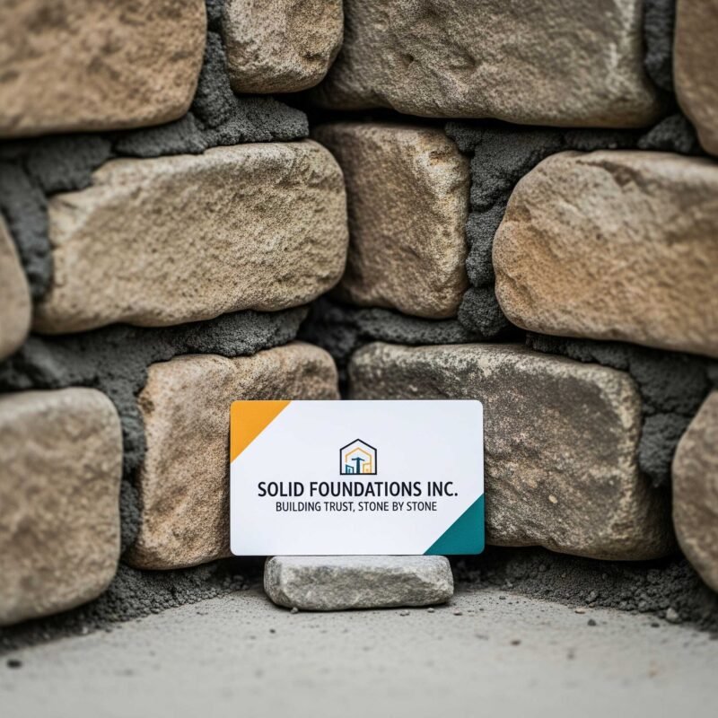 A construction business card acting as the cornerstone in a stone wall.