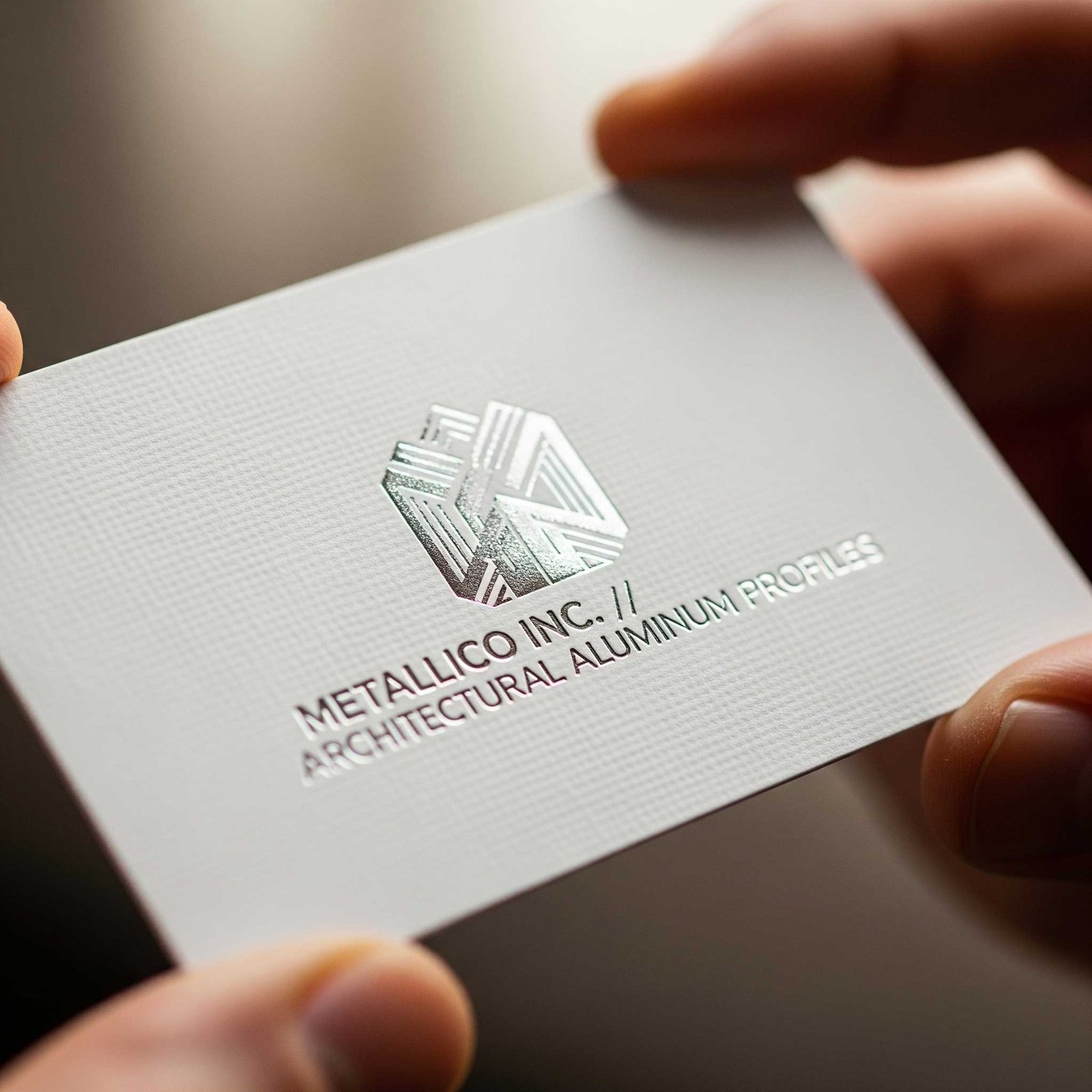 Extreme close-up of a high-quality, textured business card for an architectural aluminium company.