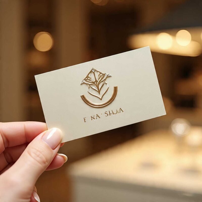 Close-up of a hand placing an elegant gold foil embossed business card for a jewelry brand on velvet.