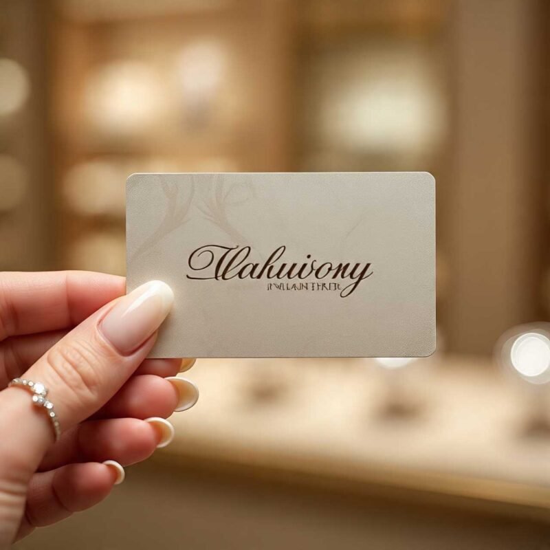 Close-up of a person's hand holding a premium metal jewelry visiting card.