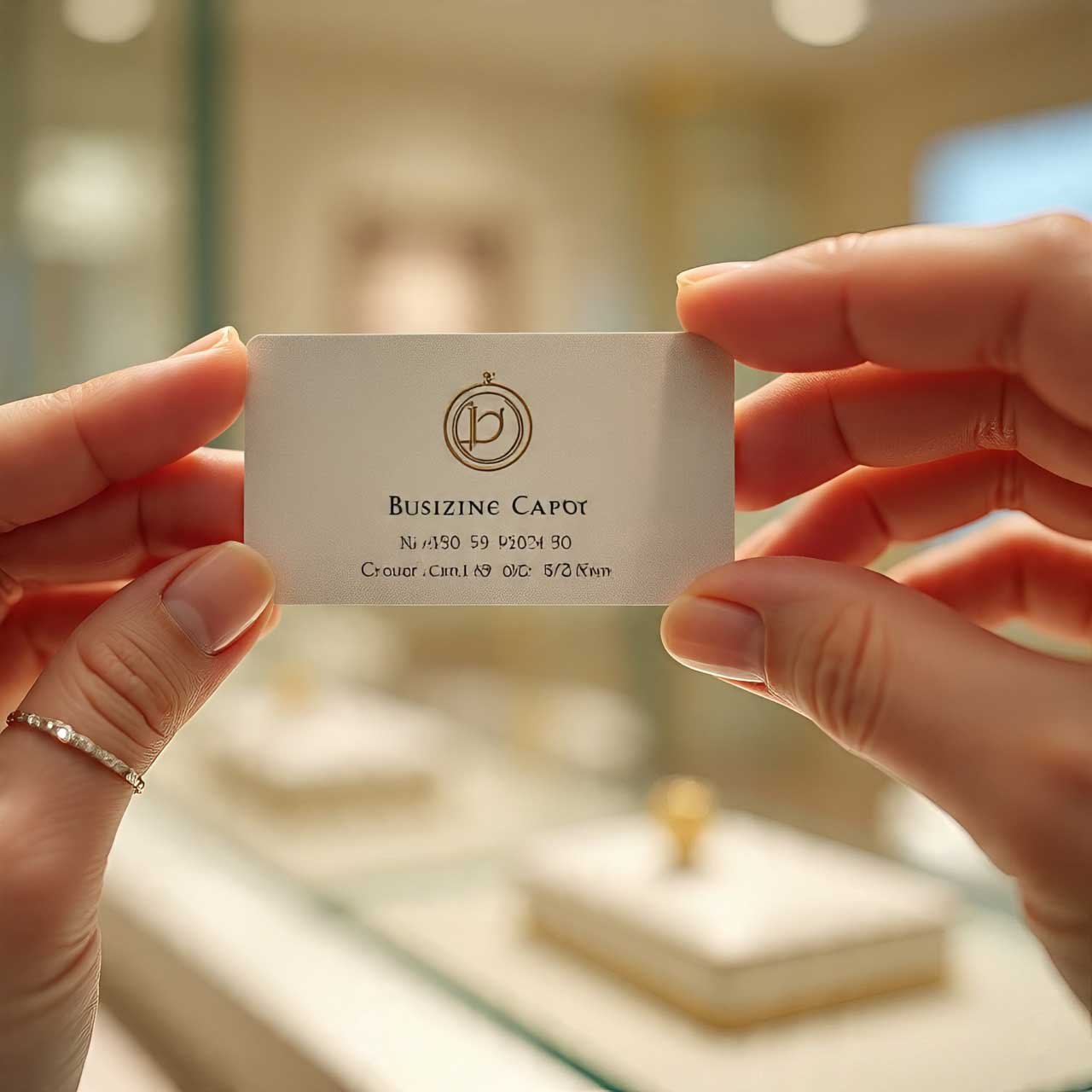 Flat lay of a minimalist metal contact card and diamond stud earrings on a marble background.