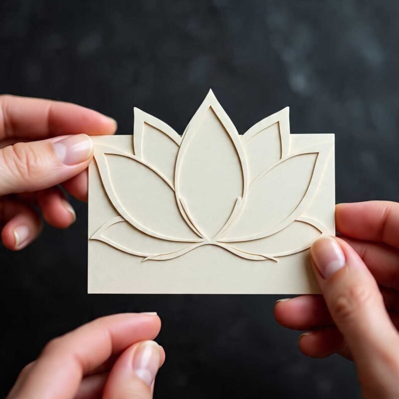 Custom die-cut lotus flower shaped yoga business card held in hands