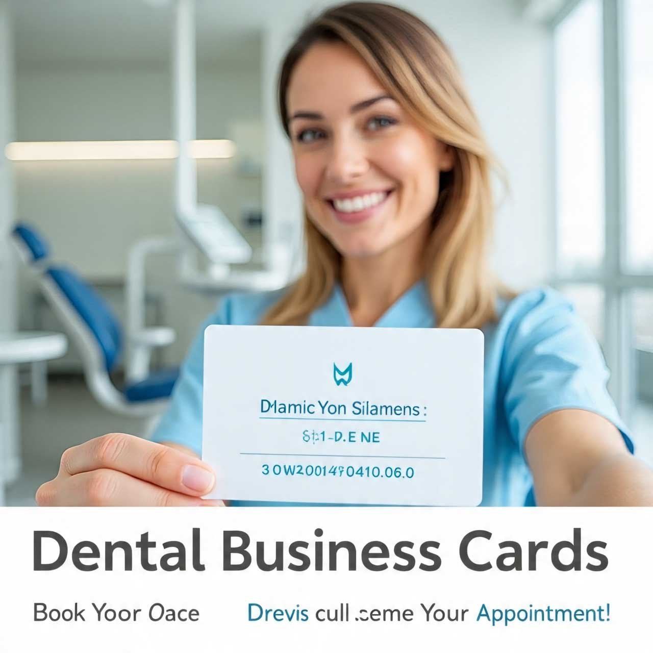 A dentist holding her business card with a call to action to book an appointment.