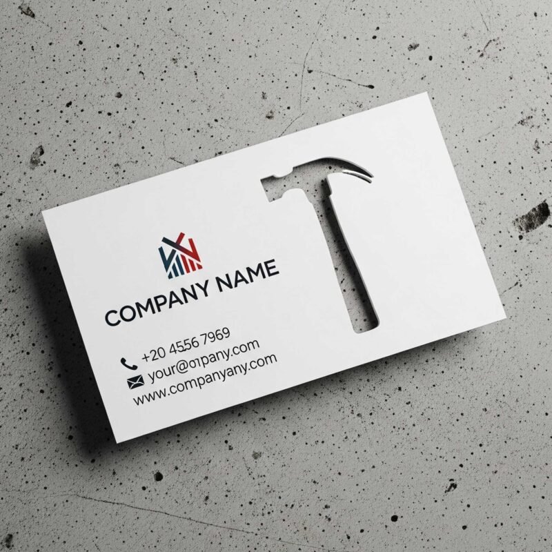 Modern die-cut business card with a hammer silhouette for a construction company.