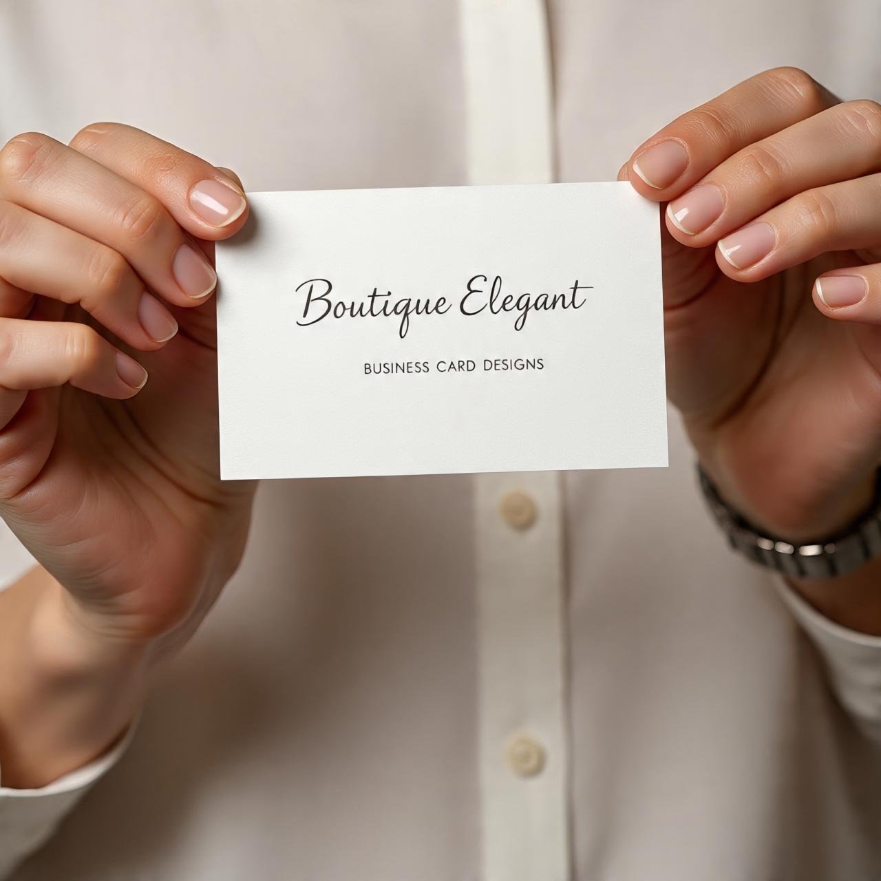 A person holding a minimalist and elegant business card design with rose gold foil details.