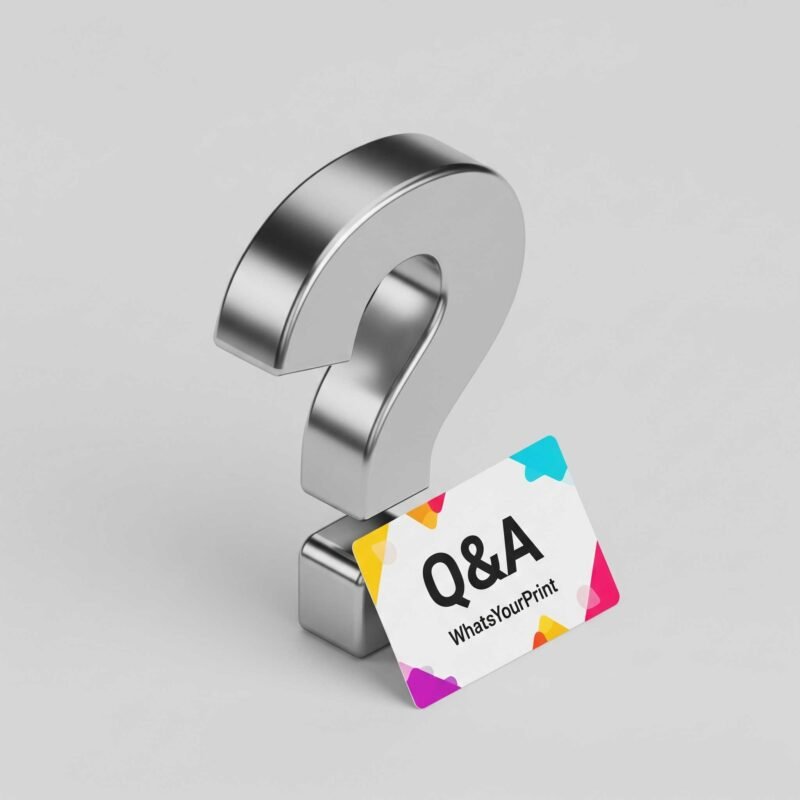 Isometric 3D illustration of an aluminium question mark with a business card.
