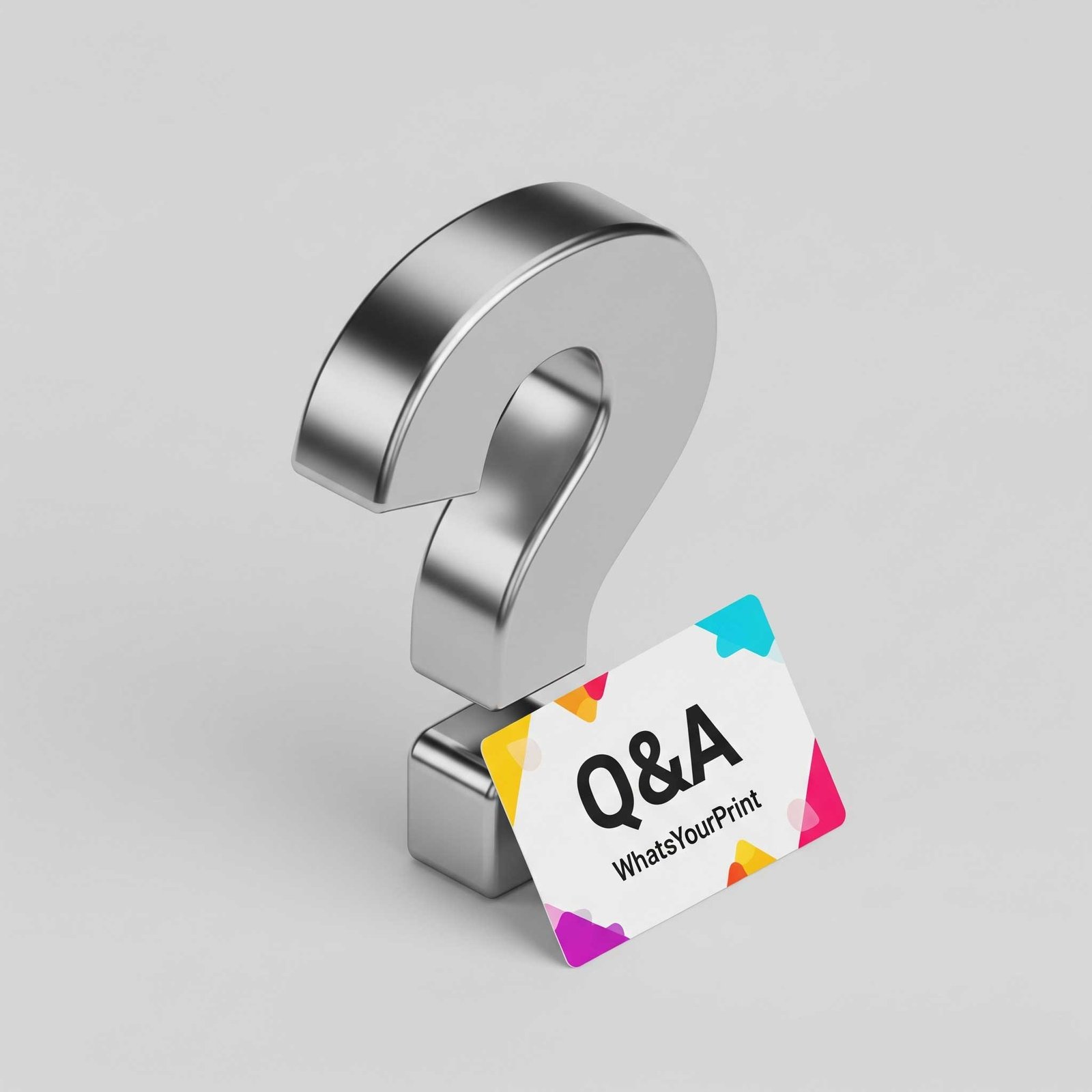 Isometric 3D illustration of an aluminium question mark with a business card.