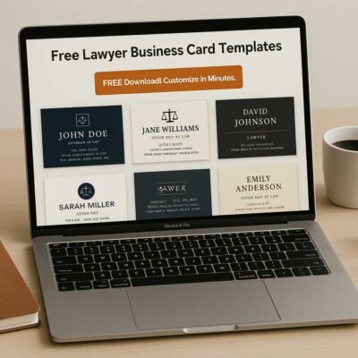 Free customizable lawyer business card templates shown on a laptop screen.