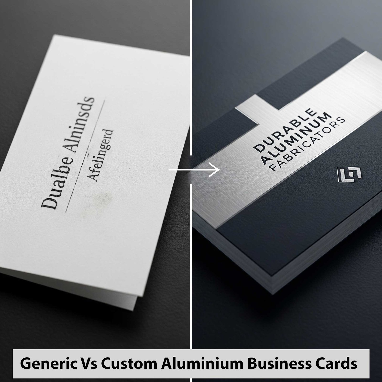 Comparison between a generic business card and a custom-designed card for an aluminium fabricator.