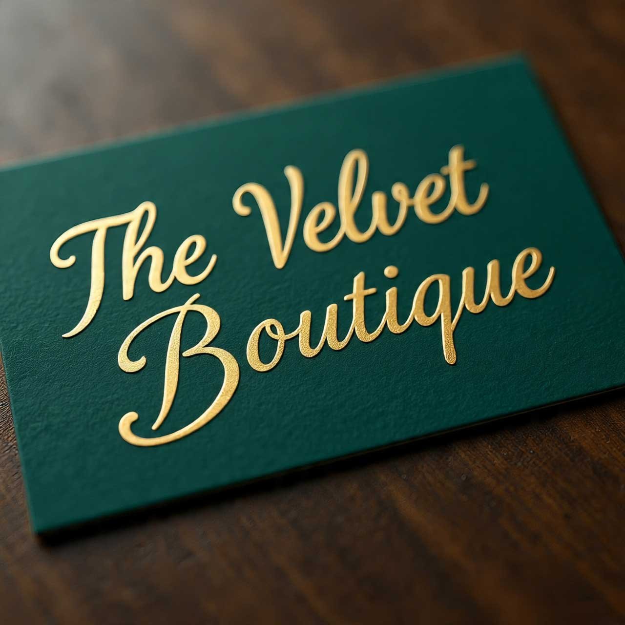 A luxury gold foil business card presented on a velvet cushion, symbolizing high quality and exclusivity.