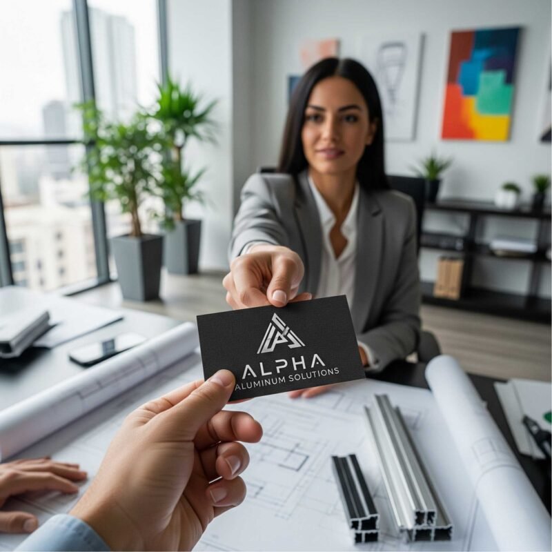 Professional handing a custom aluminium business card to a client in a B2B meeting.