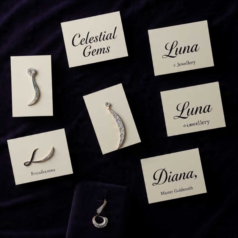 A gallery wall showcasing six different elegant jewellery business card designs on velvet.