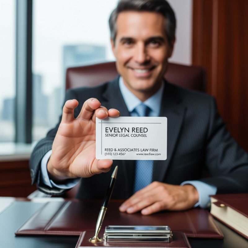 Collage of creative business card ideas for legal professionals.