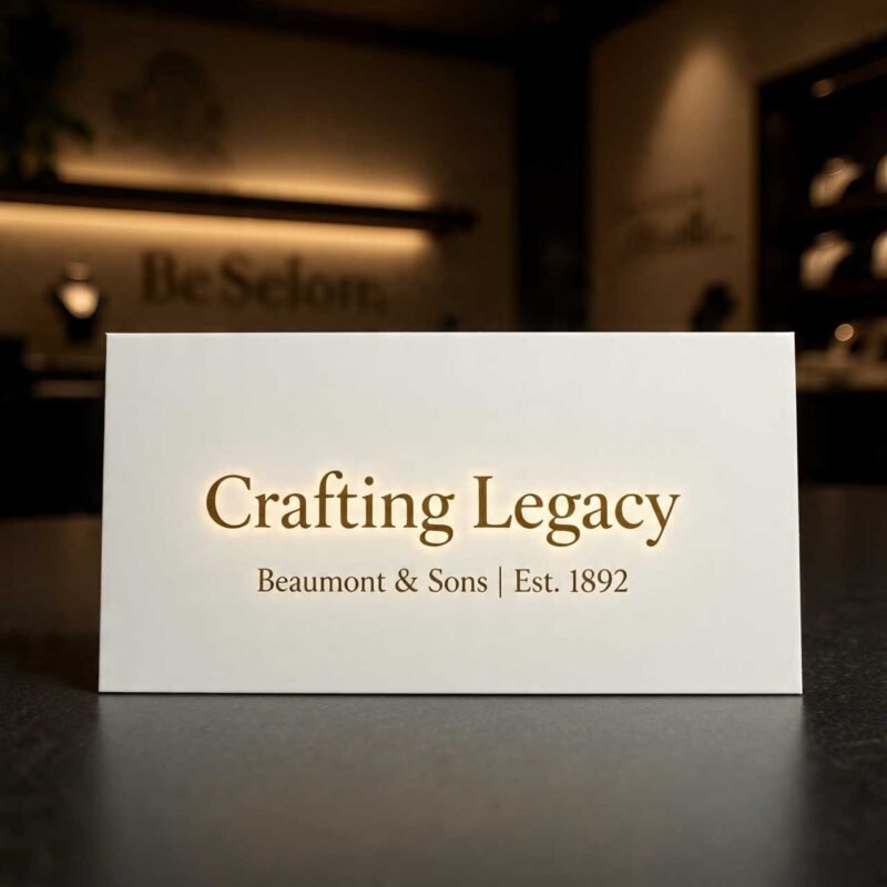 Luxury gold foil and blind debossed business card for a haute couture atelier on a marble background.