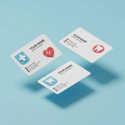 Set of modern minimalist 3D medical business cards for healthcare professionals.