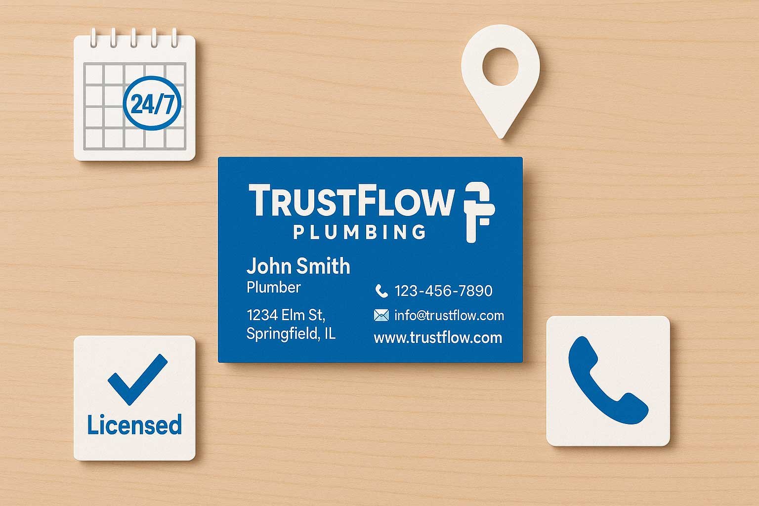 Flat lay of a plumber's business card with essential marketing elements.