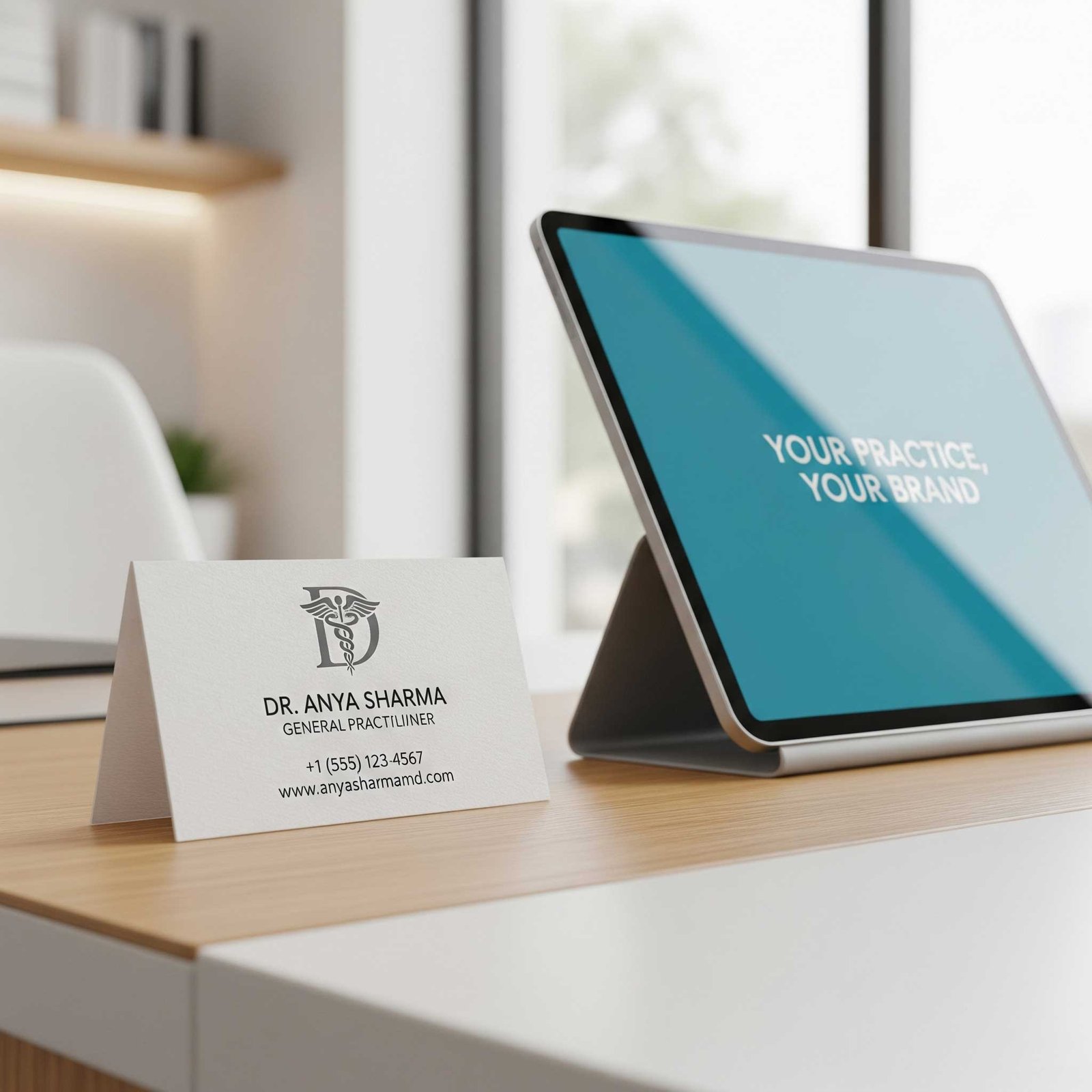 Personalized doctor business cards for cardiology on a clinic desk with a stethoscope.