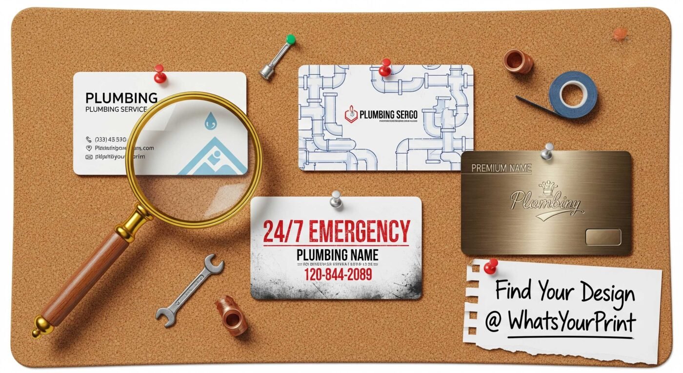 Mood board collage with various plumber business card design ideas.