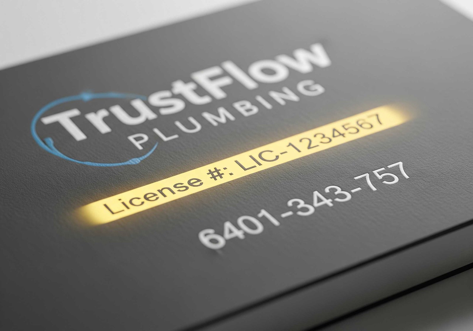 Close-up highlight of a plumbing license number on a business card.