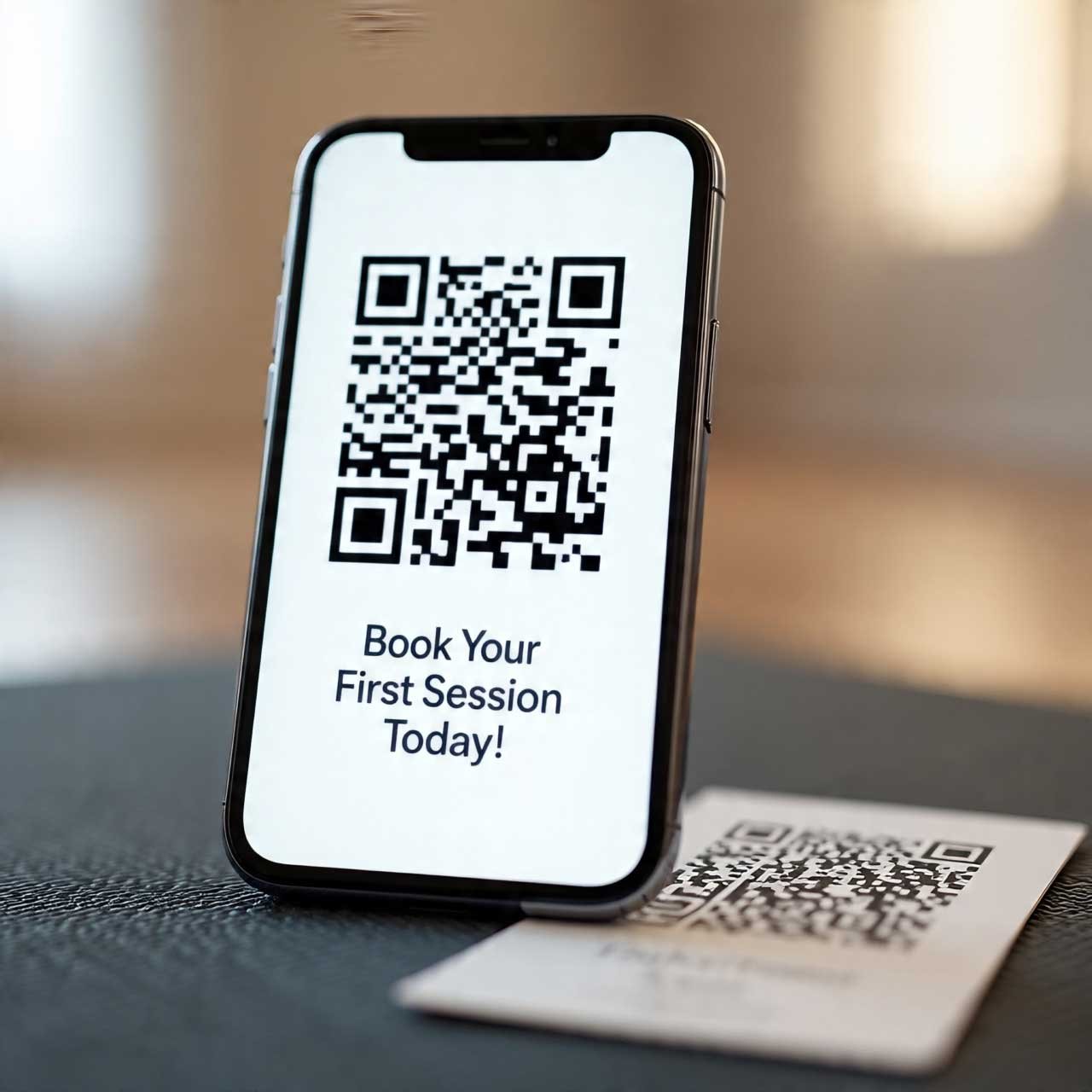 Smartphone scanning a QR code on a yoga business card to book a session