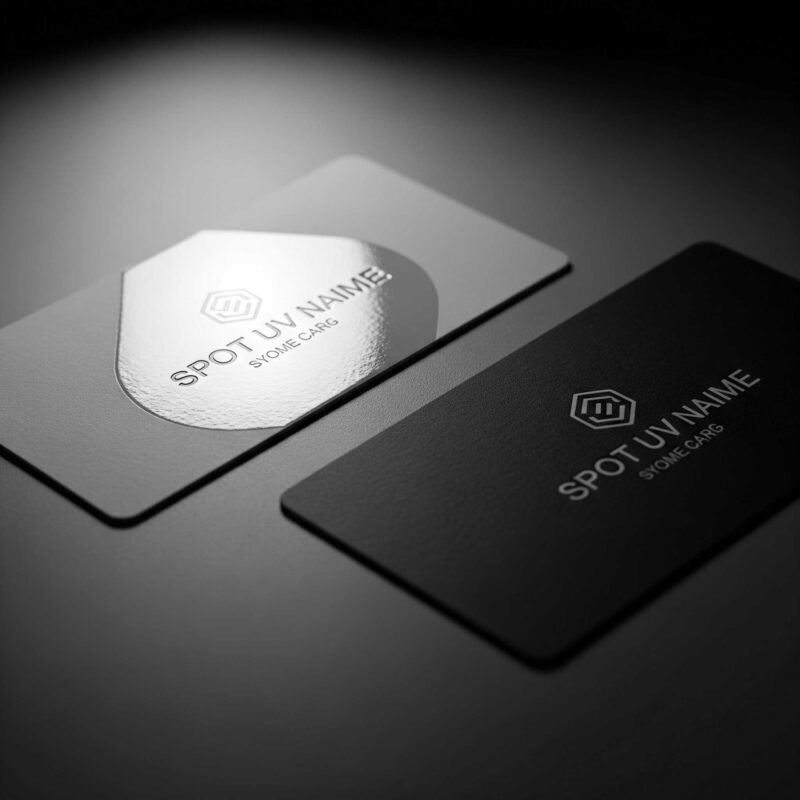 Comparison showing the glossy Spot UV finish on a matte construction business card.