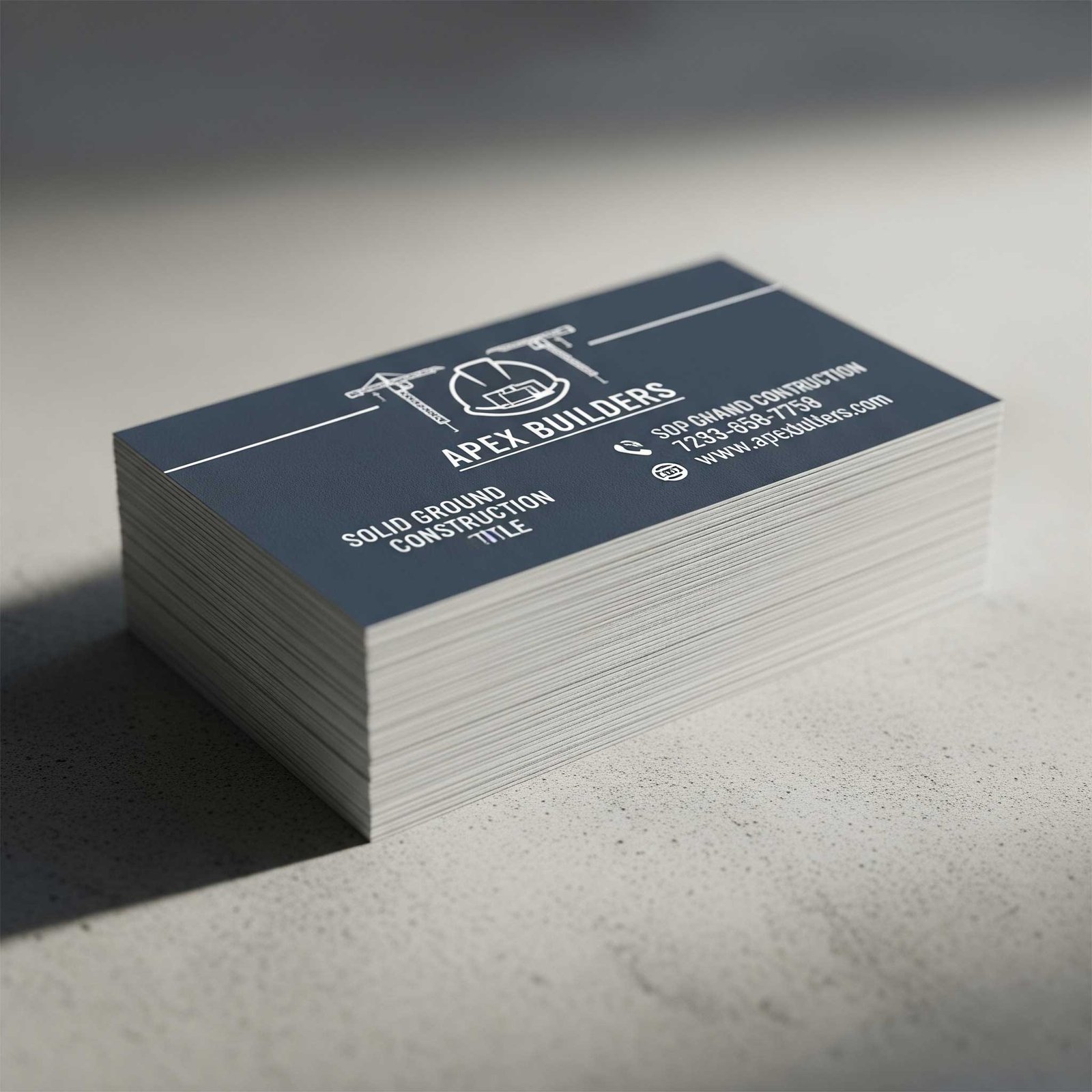 Construction business card displayed among essential builder's tools like a tape measure and level.