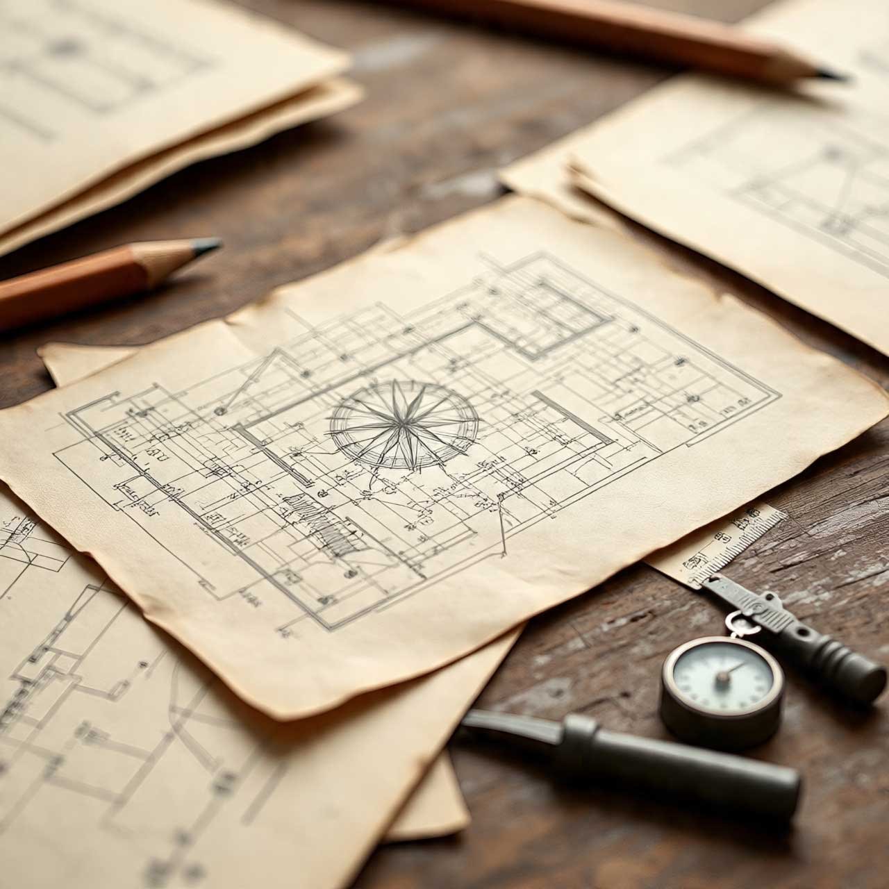 Vintage blueprint style business card for construction or architecture firms.