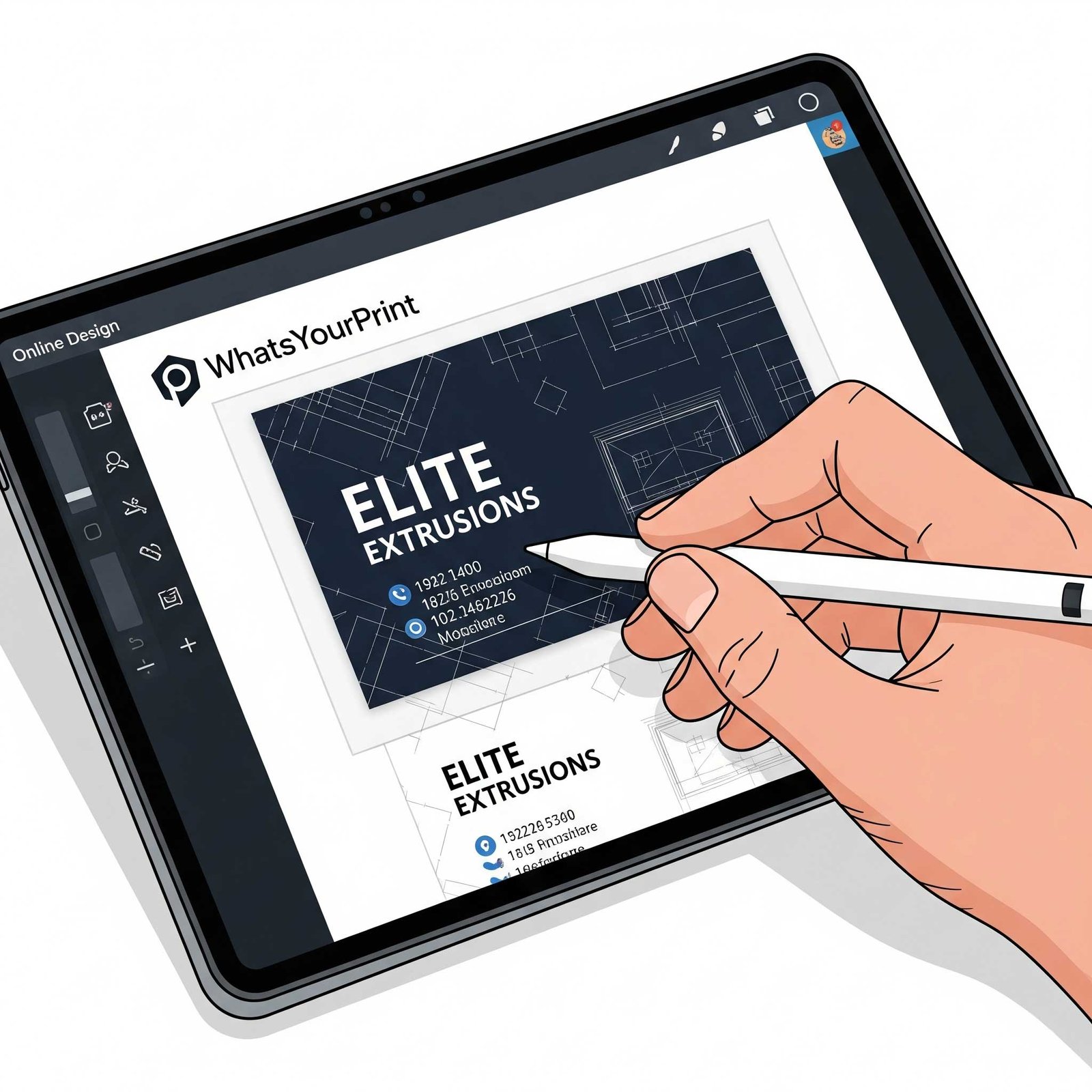 Illustration of using the WhatsYourPrint online designer to create an extrusion business card.