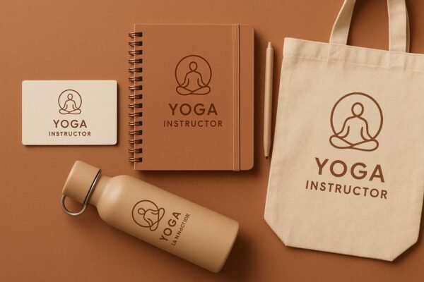 Yoga branding kit showing business card, notebook, and tote bag with matching design