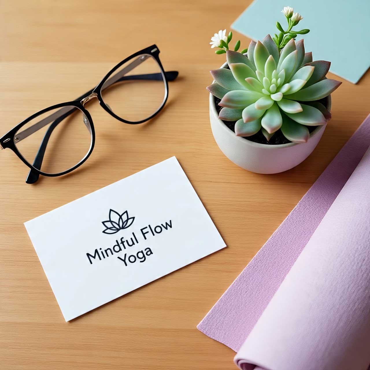Minimalist yoga instructor business card design on a wooden desk with yoga mat